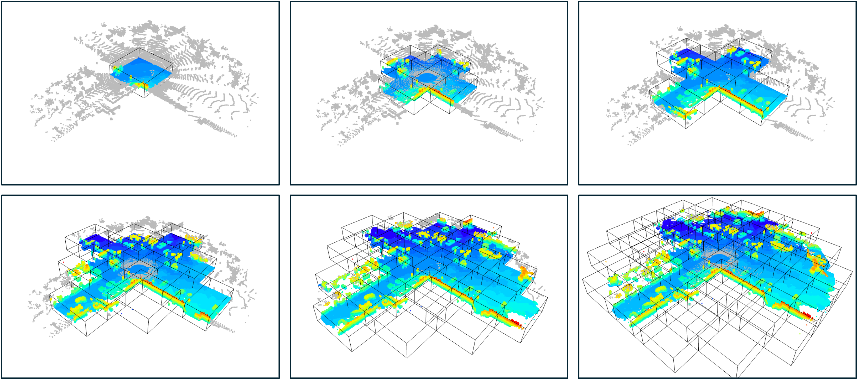 Step-by-step visualization of PatchScene expanding completed voxel patches from the center toward outer regions.