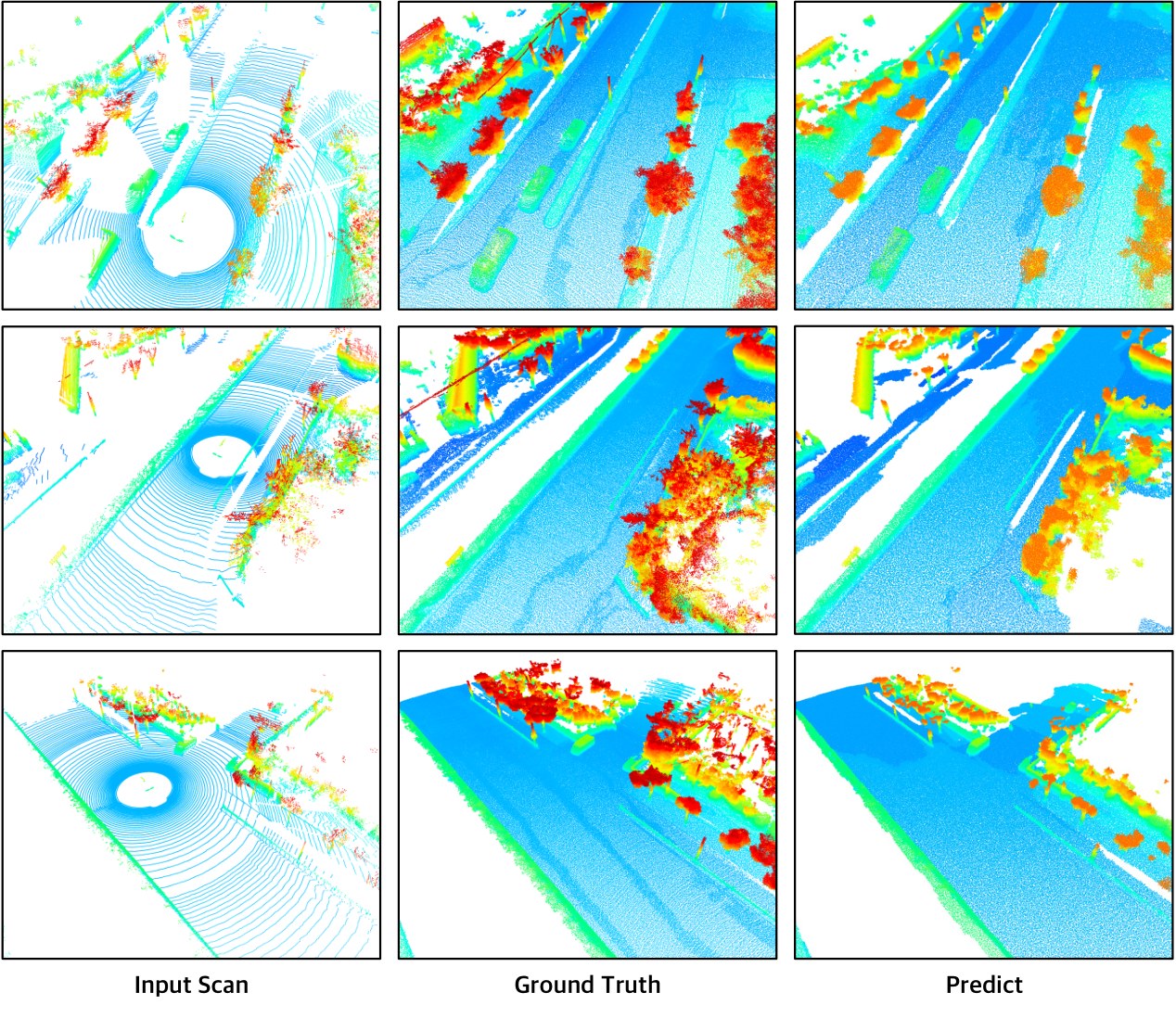 PatchScene completion results on proprietary real-world LiDAR scenes.